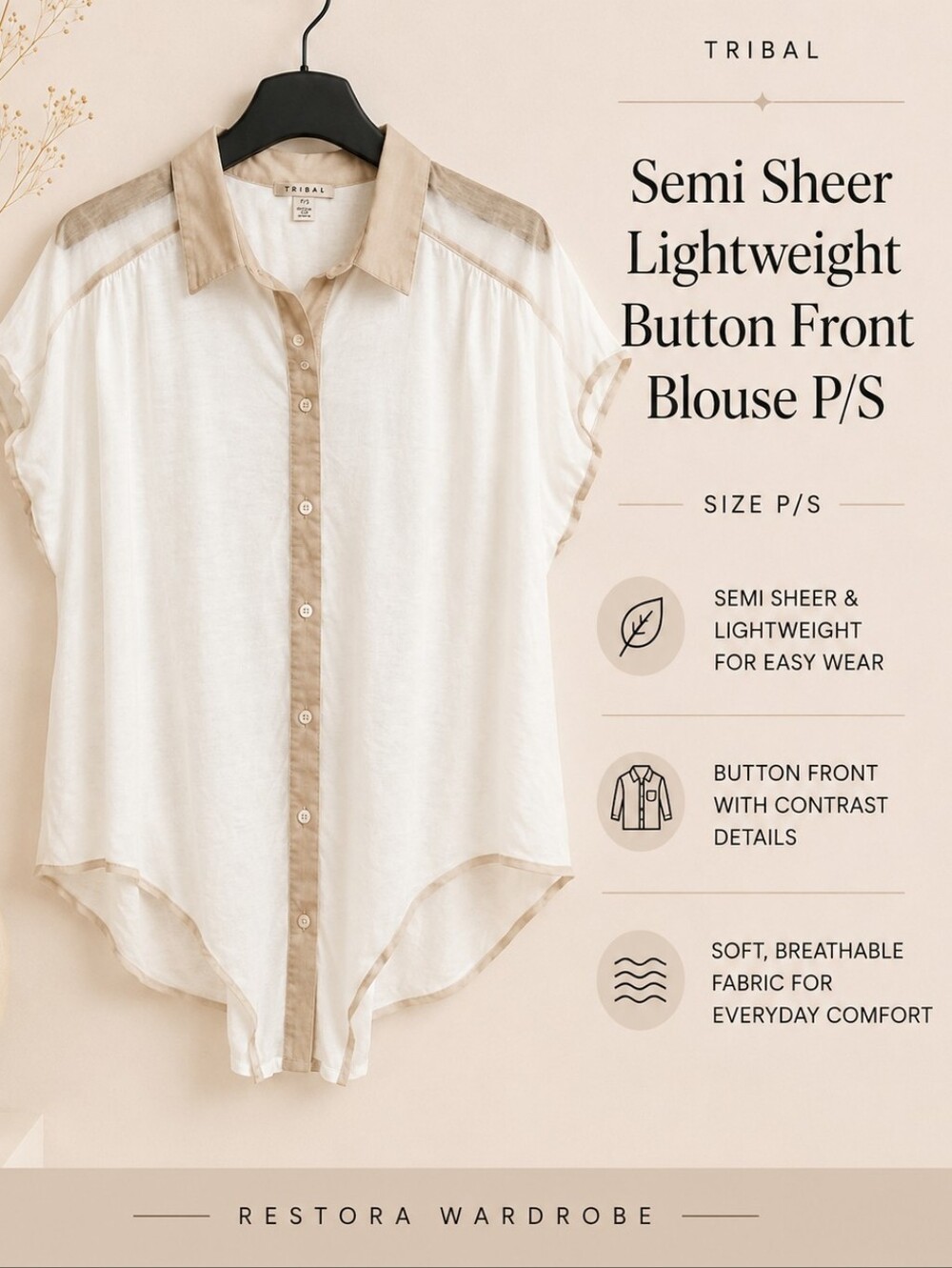 Tribal Semi Sheer Lightweight Button Front Blouse Petite Small